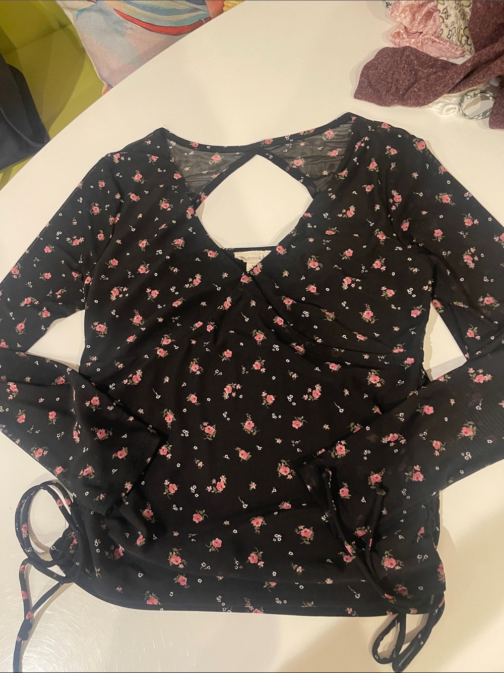 Black Floral Long-Sleeve Wrap Top with Keyhole Back